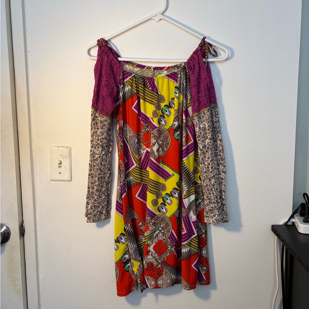 Vintage Red and Yellow Off-Shoulder Long Sleeve Sundress